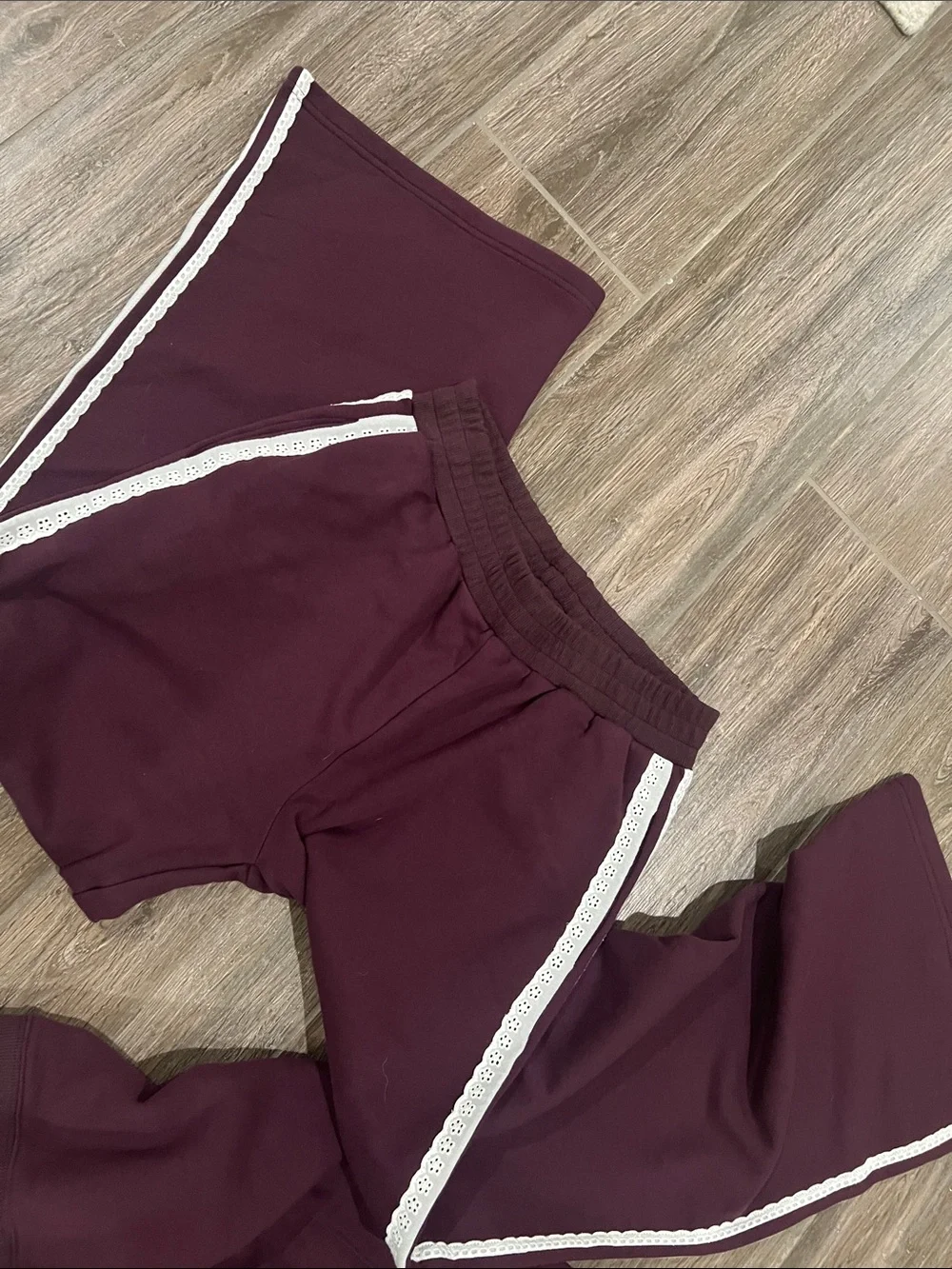 Bohme women’s Maroon Sweatpants Set with White Lace Trim